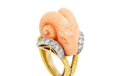 Two-Color Gold, Carved Angel Skin Coral and Diamond Ram's Head Ring