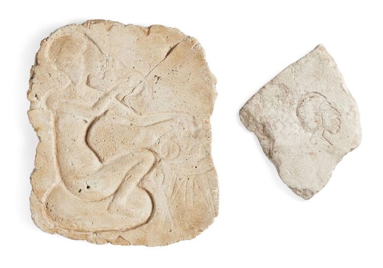 Two Egyptian style relief fragments, including a stucco relief with a princess seated on a cushion before a laden table, 15.6cm x 12.5cm and a small Egyptian style limestone fragment with lightly engraved profile head of a male figure, 8.3cm x 8cm...