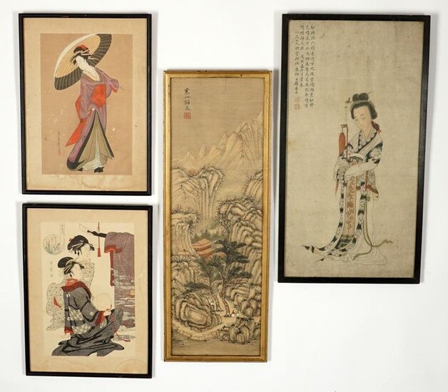 Two Japanese Woodblock Prints and Two Watercolors