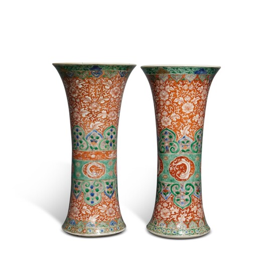 Two Large Chinese Famille-Verte Beaker Vases Qing Dynasty, Kangxi Period | 清康熙 五彩團龍紋花觚兩件