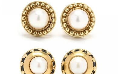 Two Pairs of Gold and Pearl Stud Earrings, signed