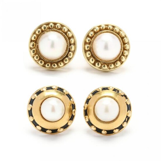 Two Pairs of Gold and Pearl Stud Earrings, signed