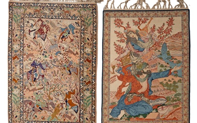 Two Persian Isfahan rugs, decorated with various scenes, 145 x 106 / 107 x 168 cm