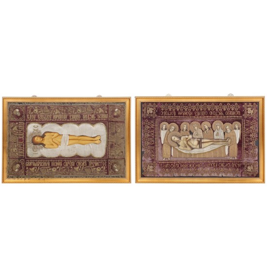 Two Russian 19th century epitaphios depicting Corpus Christi and Lamention upon the Grave. C. 100×163 and 96×153 cm. (2)