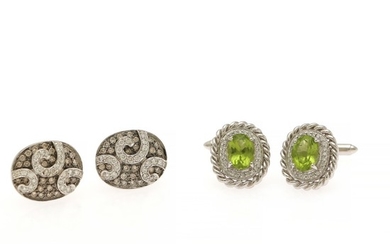 Two pair of cuff links respectively set with an oval-cut peridot encircled by numerous diamonds and numerous white and cognac-coloured diamonds, mounted in 14k
