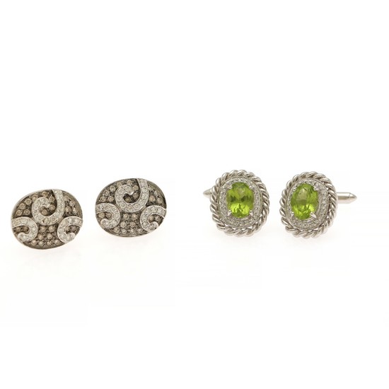 Two pair of cuff links respectively set with an oval-cut peridot encircled by numerous diamonds and numerous white and cognac-coloured diamonds, mounted in 14k