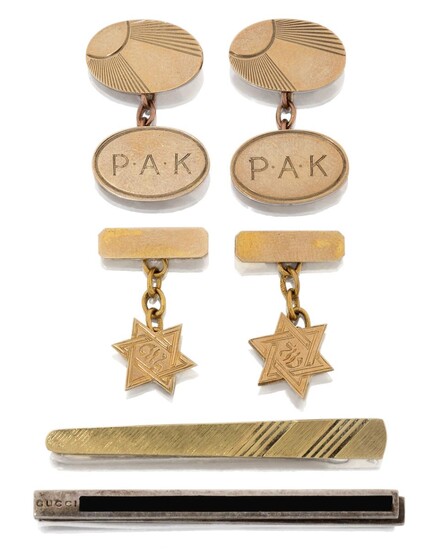 Two pairs of 9ct gold cufflinks, one designed with Star of David panels to chain link connections, the other with oval panels to chain link connections, combined gross weight approx. 17g, together with a tie clip, the tapering front panel stamped...