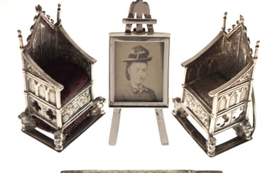 Two silver Coronation Chairs, an Edward VII miniature silver photograph easel, etc