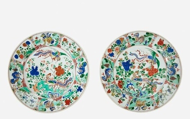 Two similar Chinese famille verte-decorated dishes