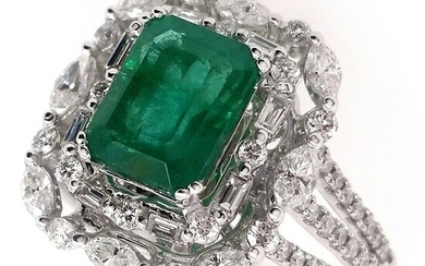 Unique - 2.75ctw Natural Emerald and Natural Diamonds - IGI Report - 18 kt. White gold - Ring Emerald