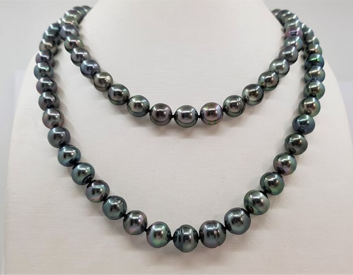 United Pearl - 8.5x11mm peacock Green - 14 kt. Gold, Tahitian pearls - Necklace