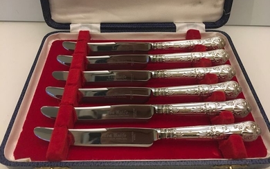 Unused cased vintage sterling silver handled and stainless steel blades queens patterned tea knife (6) - Silver - U.K. - 1973