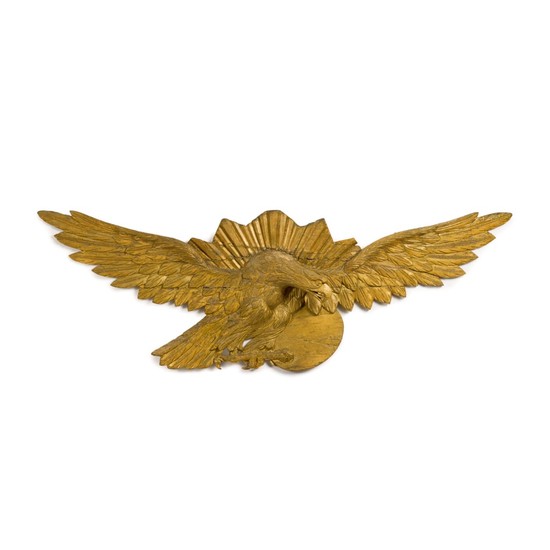 VERY FINE LARGE CARVED GILTWOOD SPREAD-WINGED 'SUNBURST' AMERICAN EAGLE WALL PLAQUE, LATE 19TH CENTURY