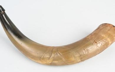 VINTAGE LARGE POWDER HORN with RELIEF CARVINGS