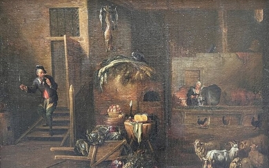 Valentino Giandomenico (Roma 1639-1715) attr a - Interno rustico con figure e animali