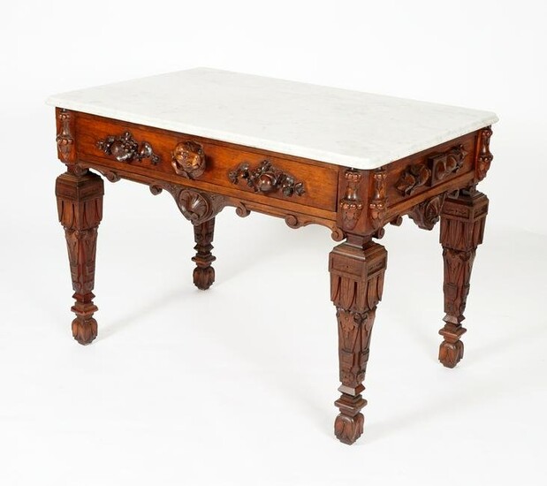 Victorian Carved Walnut Marble Top Center Table