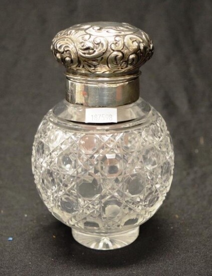 Victorian silver lidded crystal perfume bottle embossed lid, hallmarked...