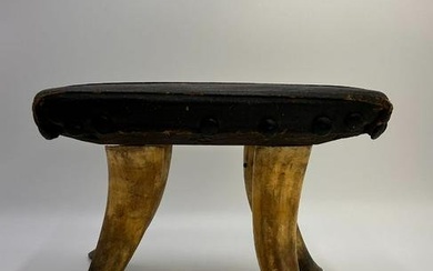 Vintage 4 Legged Horn Stool with Leather Upholstery