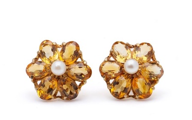 Vintage 9kt. yellow gold flower design studs with citrines and...