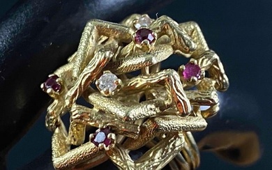 Vintage Art Deco Bamboo Style 14K Gold Diamond / Ruby Statement Ring