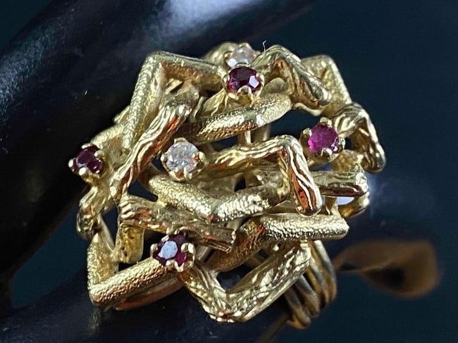 Vintage Art Deco Bamboo Style 14K Gold Diamond / Ruby Statement Ring