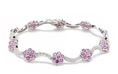 White Gold, Pink Sapphire, and Diamond Floral Motif Bracelet