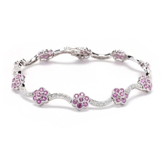 White Gold, Pink Sapphire, and Diamond Floral Motif Bracelet