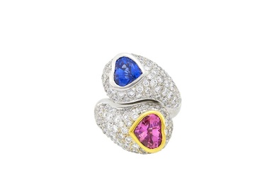 White Gold, Sapphire, Pink Sapphire and Diamond Bombé Crossover Ring