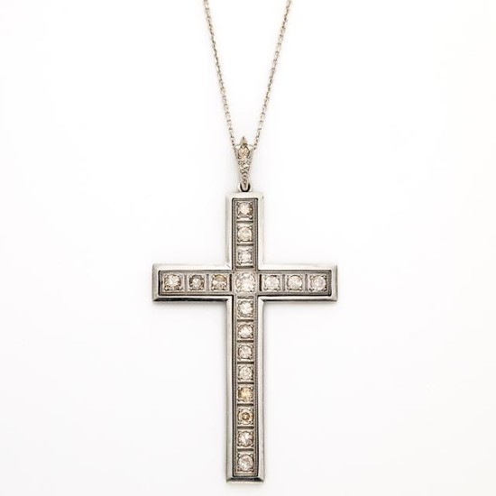 White Gold and Diamond Cross Pendant with Chain Necklace