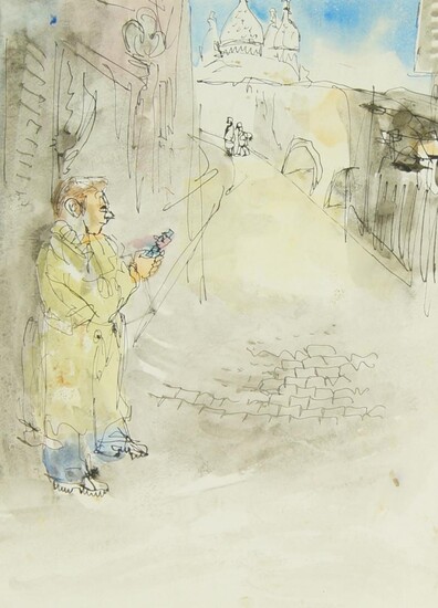 William D. Clyne, Scottish 1922–1981- Figure by Sacre-Coeur; pen, watercolour, and gouache on paper, 37 x 26.5 cm (ARR)
