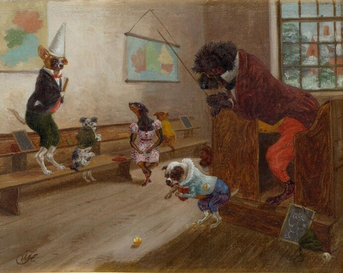 William Hamilton Henry Trood, British 1848-1899- The Truant; oil on canvas laid down on board, signed with initials 'WHT' (lower left), 13.5 x 17 cm. Provenance: Private Collection, UK. Note: Trood specialised in painting dogs, of which he said: 'I...