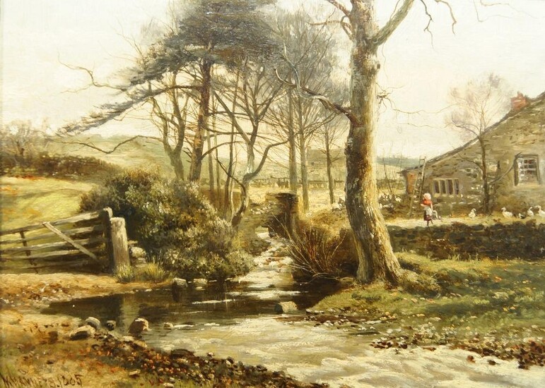 William Manners, British 1860-1930- Riverside landscapes; oil on board, two, signed and dated 'W Manners . 1885' and 'W. Manners . 85' respectively, each 20 x 27.5 cm. (2)
