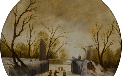 Winter landscape with elegant figures on a frozen waterway, Dutch School, second quarter of the 17th century