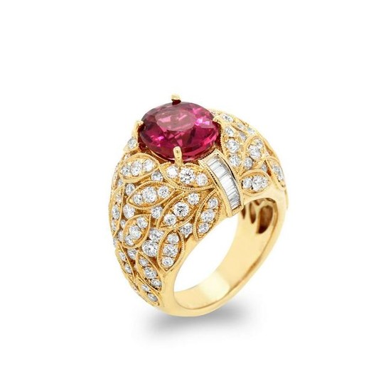 Yellow Gold and Diamond Ring with Rubellite Tourmaline