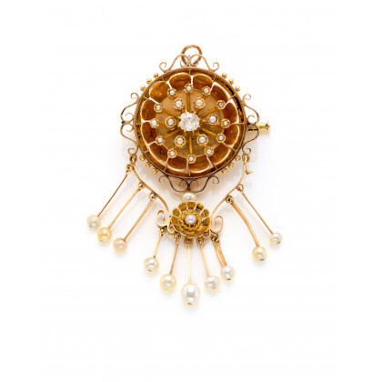 Yellow gold old mine diamond and pearl stylized flower brooch/pendant finished with a graduated pearl fringe, g 20.13 circa, length...