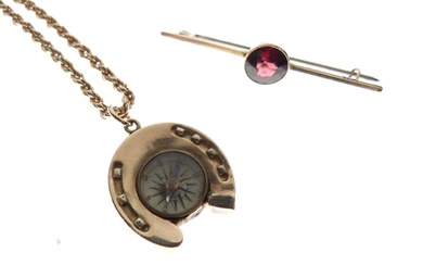 Yellow metal (9K) rope-link necklace 14g, bar brooch and compass