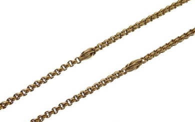 Yellow metal belcher-link long chain stamped 9k, approximately 94cm...