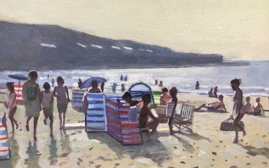 Z. Phillips, oil on canvas, A beach scene with people enjoying the sun, signed, in painted frame. 19 x 49cm