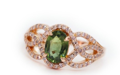 *no reserve* 1.00 ct Green Sapphire & 0.42 ct N.Fancy Pink Diamond Designer Ring - 3.09 gr - 14 kt. Pink gold - Ring - 1.00 ct Sapphire - Diamond