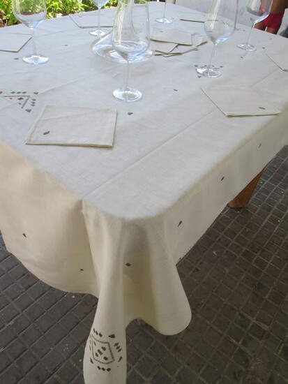 tablecloth + 12 napkins - 230 x 140 cm - Cotton, Linen - Second half 20th century