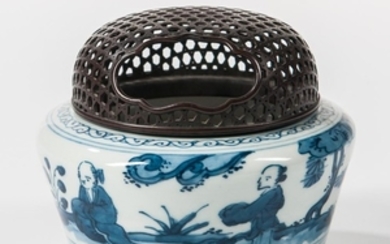 Blue and White Incense Burner and Bronze Cover