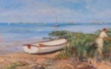 Jan Selman (American, b. 1945) Beach Scene with Rowboat and Figures