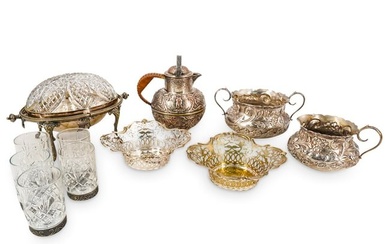 (11 Pc) Antique Silver Plated And Crystal Glass Tableware