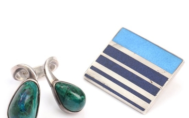 A. Michelsen a.o.: A sterling silver pendant and ring resp. set with enamel and presumably azurite malachite. Ring size app. 46. Pendant 2.5×3 cm. (2)