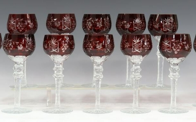 (12) RUBY-CUT-TO-CLEAR WINE GOBLETS GRAPES & STARS