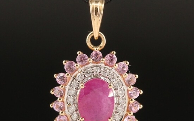 14K Ruby, Pink Sapphire and Diamond Double Halo Pendant