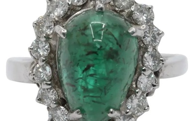 14K White Gold Cabochon Emerald Diamond Engagement Ring Alternative