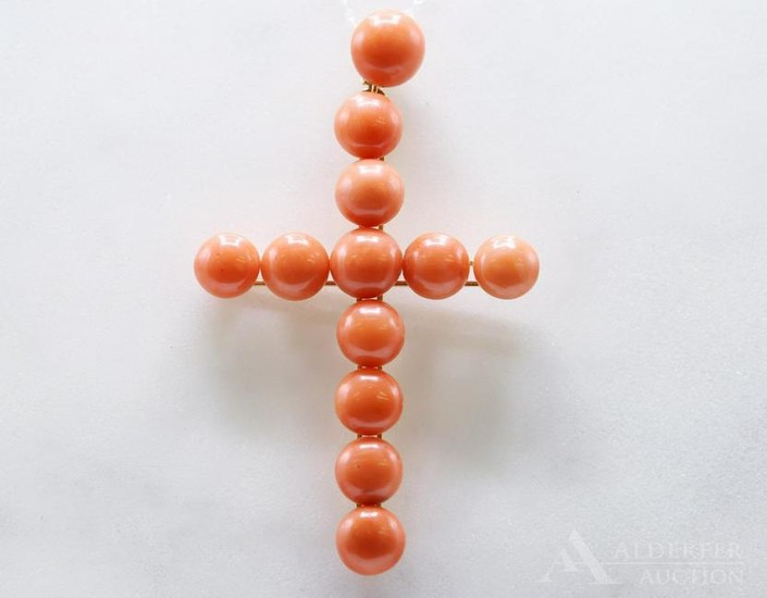 14KY Gold Victorian Coral Cross Pendant