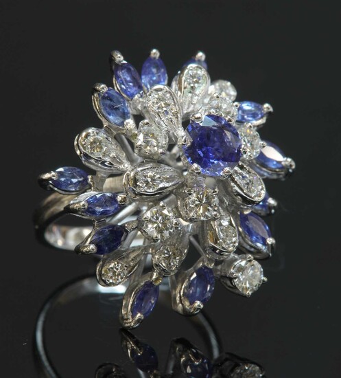 A white gold sapphire and diamond cocktail cluster ring, c.1970