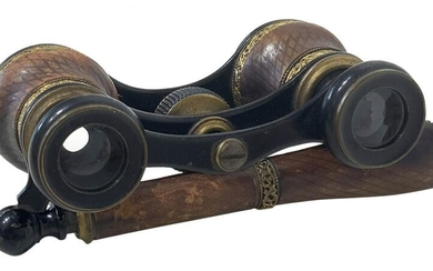 Theater wooden binoculars, leather and filigree on the